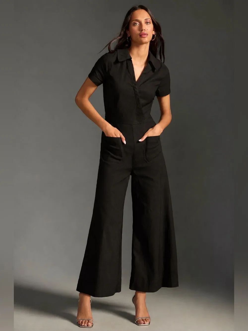 🖤 Maeve by Anthropologie Black Wide Leg Jumpsuit | Tailored Collared One Piece